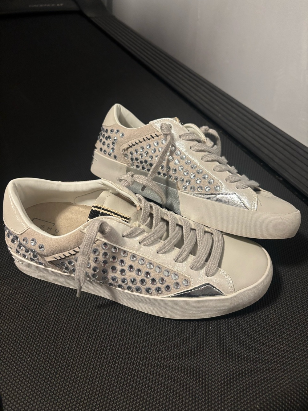 ShuShop Women's Beige and Silver Crystal-Studded Sneakers NEVER WORN-